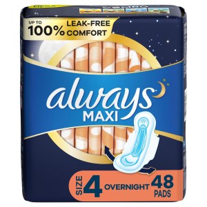 Always Maxi Pads Size 4 Overnight Absorbency Unscented with Wings