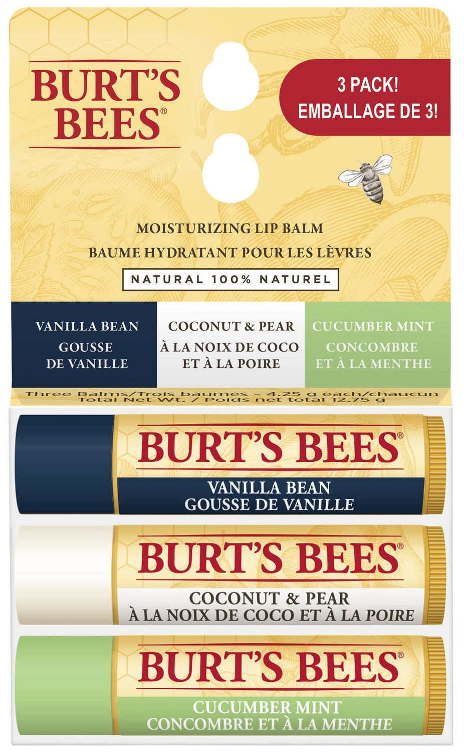 BURT'S BEES MOISTURIZING LIP BALM 3 PACK!
