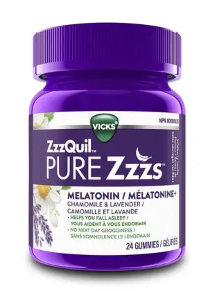 VICKS ZzzQuil PURE Zzzs Melatonin Sleep Aid Gummies with Chamomile, Lavender, & Valerian Root 24 G