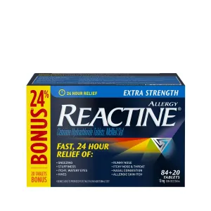 Reactine Extra Strength 24 Hour Allergy Medicine, Antihistamine 10mg, 104 Count 20 TABLETS