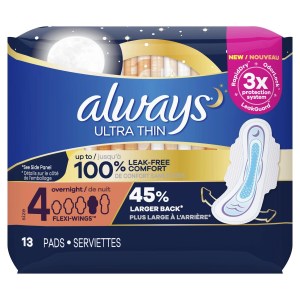 Always Ultra Thin Pads Size 4 Overnight Absorbency Unscented with Wings