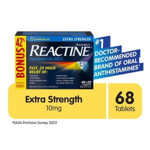 Reactine Extra Strength Antihistamine Tablets 10mg, 24 Hour Relief, Allergy Medicine, 68 count 20 TABLETS