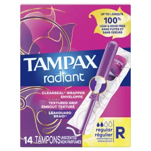 Tampax Radiant Tampons Regular Absorbency with LeakGuard Braid, Unscented