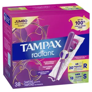 Tampax Radiant Tampons Duo Pack with LeakGuard Braid, Regular/Super Absorbency, Unscented