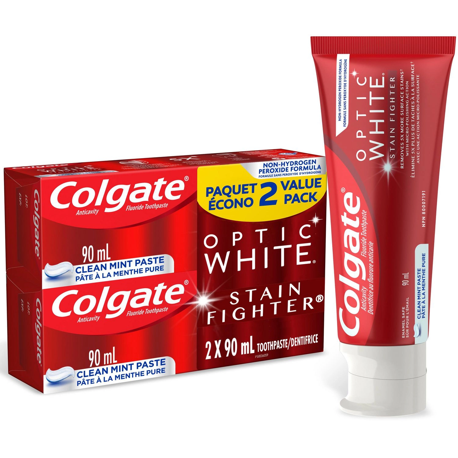 Colgate Optic White Stain Fighter Stain Removal Toothpaste, Clean Mint Paste, 90 mL, 2 Pack 90 mL