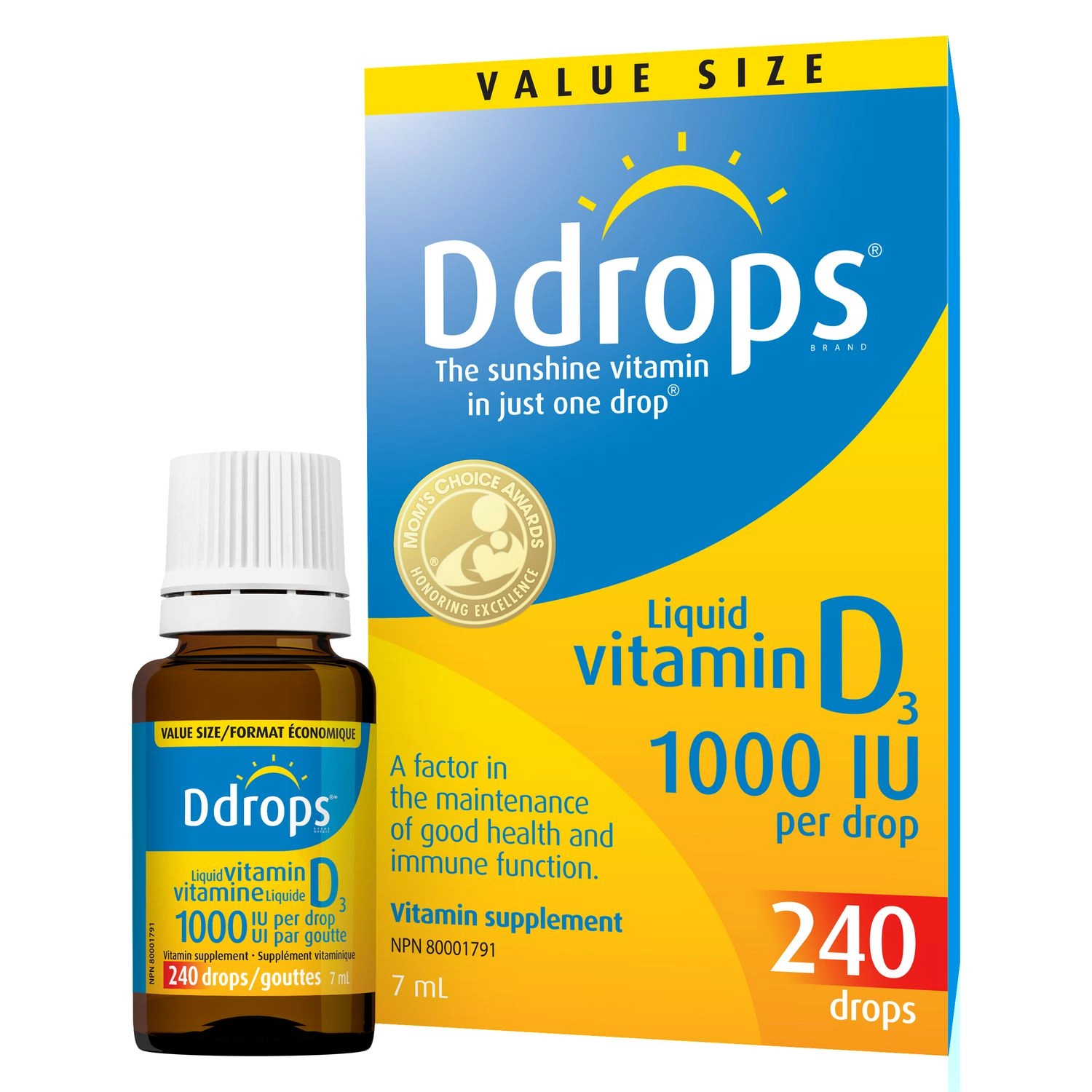 Ddrops® Liquid Vitamin D3 Vitamin Supplement, 1000IU Value Size 7 ml