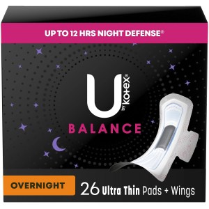 U by Kotex Balance Ultra Thin Overnight Pads with Wings, 26 Count