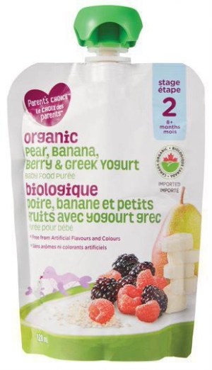 Parent's Choice Organic Pear, Banana, Berry and Greek Yogurt Baby Food Puree 128 ml