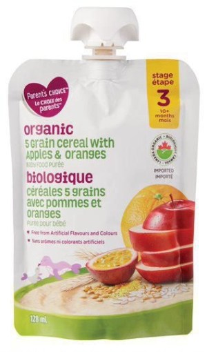 Parent's Choice Organic 5 Grain Cereal with Apples & Oranges Baby Food Purée 128 ml