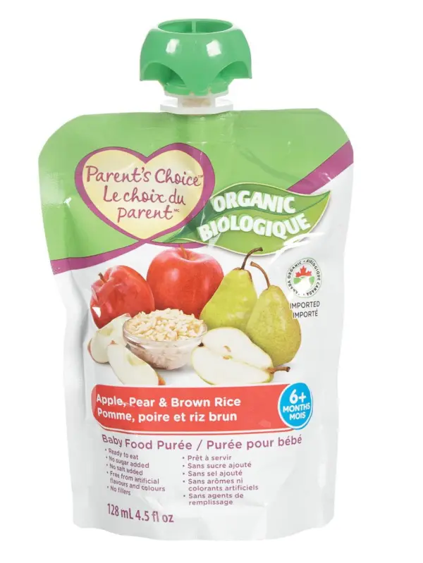 Parent’s Choice Organic Apple, Pear and Brown Rice Baby Food Puree 128 ...