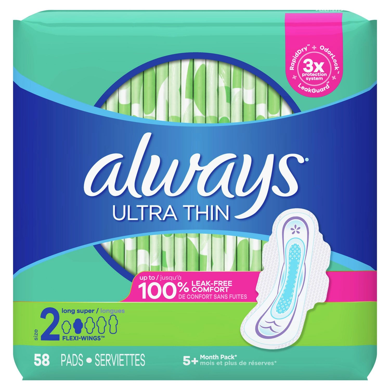 Always Ultra Thin Pads Size 2 Super Long Absorbency Unscented with Wings