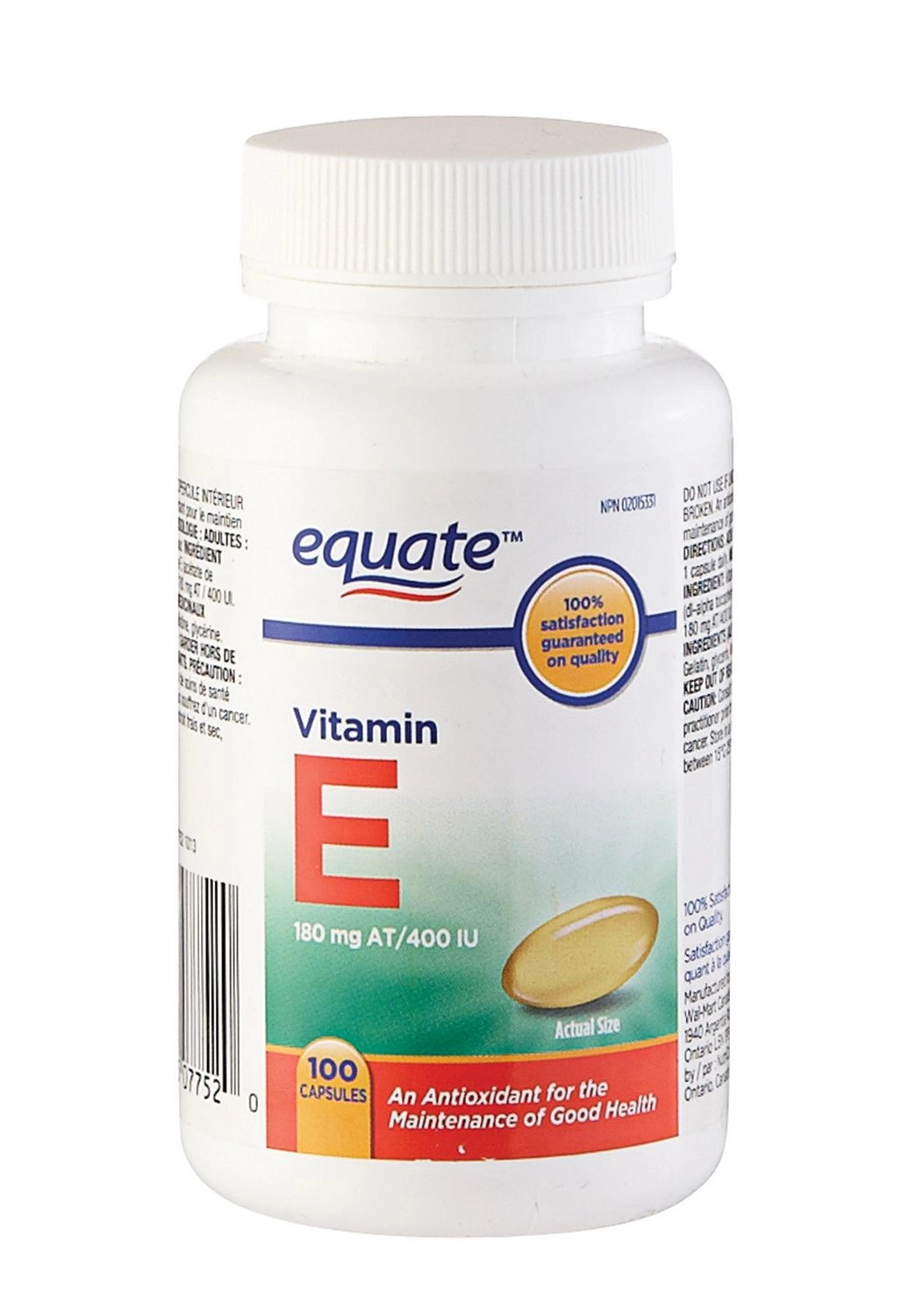Equate Vitamin E 180 mg AT/400 IU, 100 Capsules 180 mg