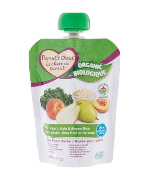 Parent's Choice Organic Pear, Peach, Kale & Brown Rice Baby Food Puree 128 mL