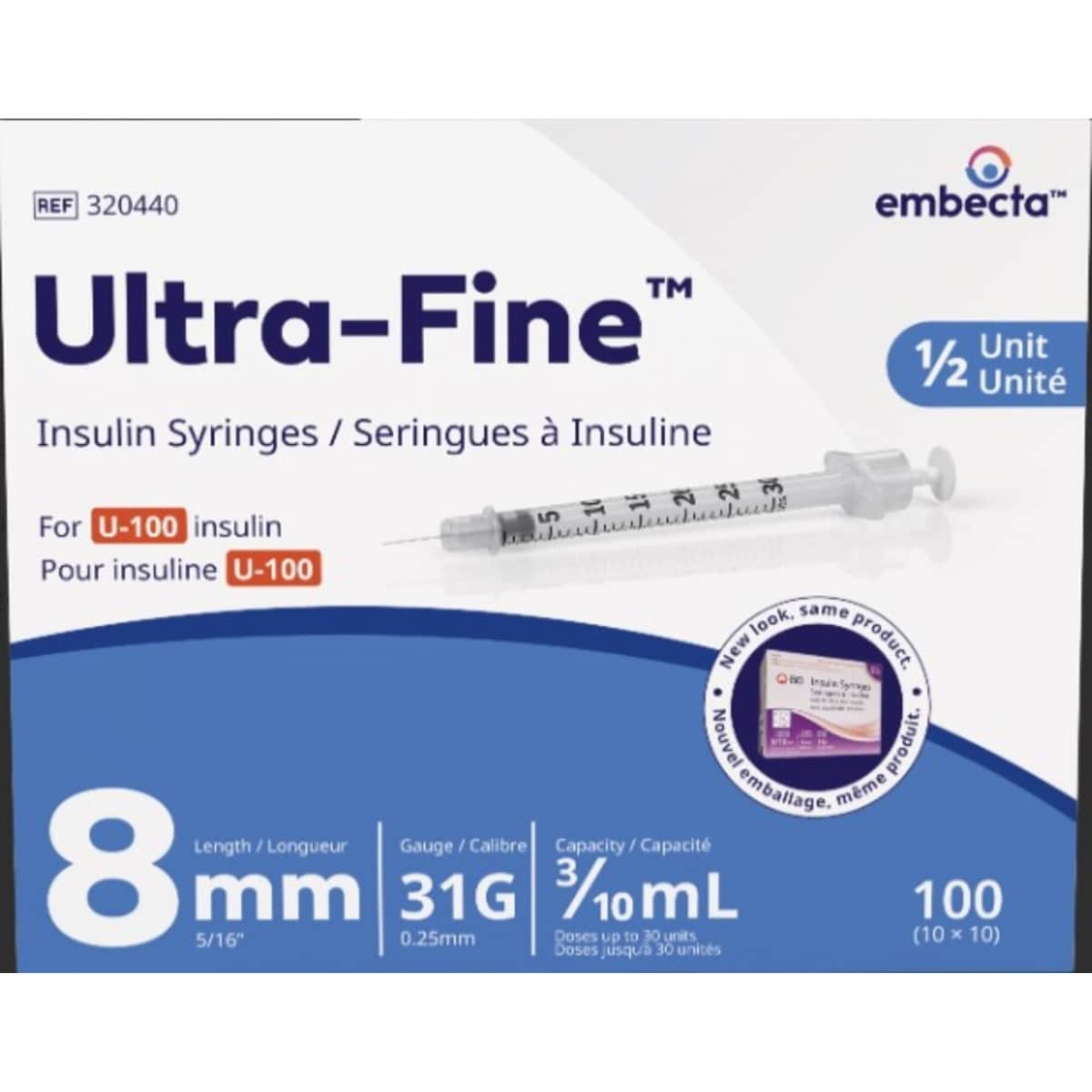 Embecta Ultra-Fine Insulin Syringes U-100 0.3 mL x 31G 8 mm 100 Count