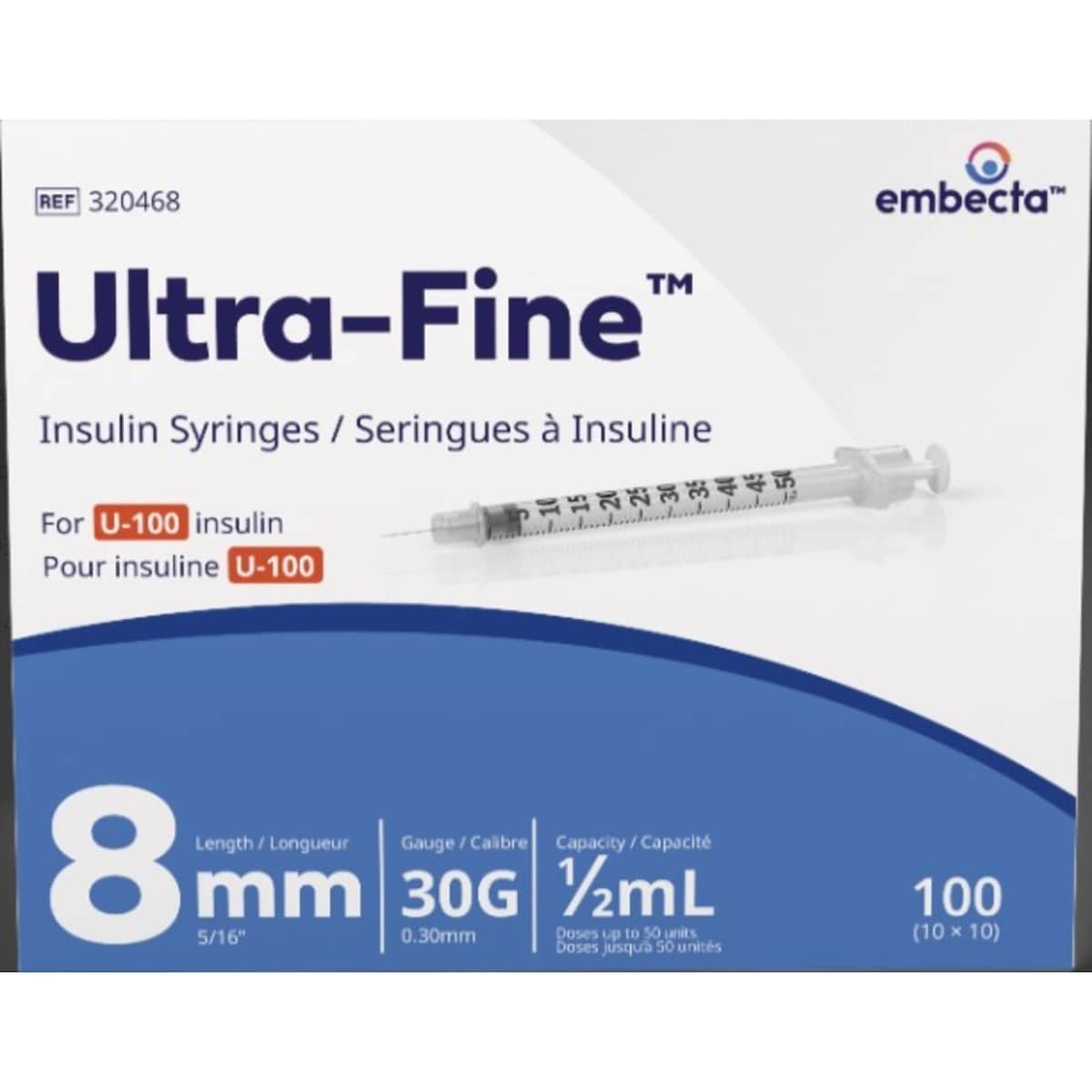 Embecta Insulin Syringe/Needle Ultra-Fine II 1/2 cc x 30G 8 mm 100