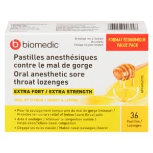 BIOMEDIC Sore Throat Extra Strength Honey & Lemon Lozenges 36 Count