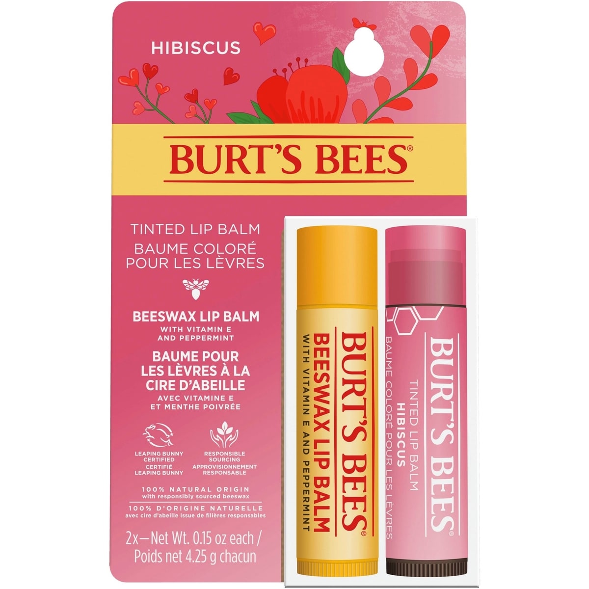 Burt's Bees Beeswax & Hibiscus Tinted Lip Balm 2 Pack