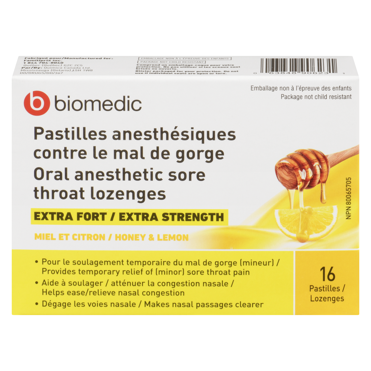 BIOMEDIC Anesthetic Sore Throat Lozenges Honey Lemon 16 Count