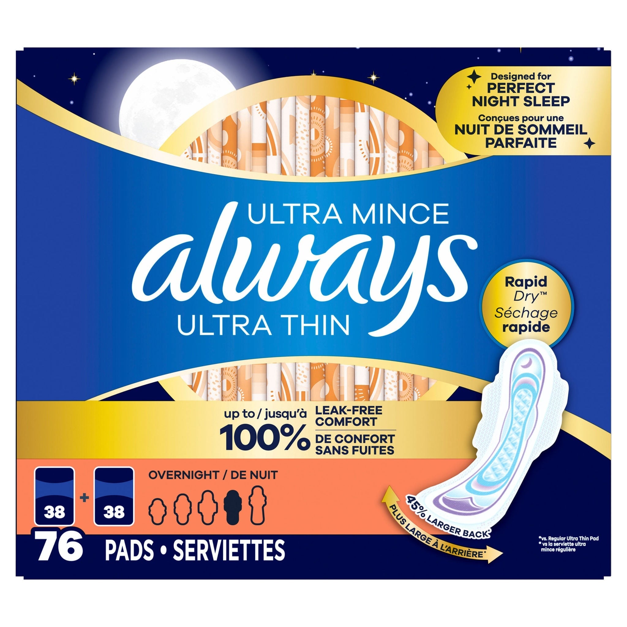 Always Ultra Thin Overnight Pads with Wings Size 4 76 Count
